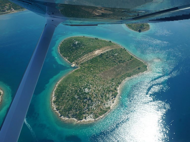 aerial view of a heart-shaped island