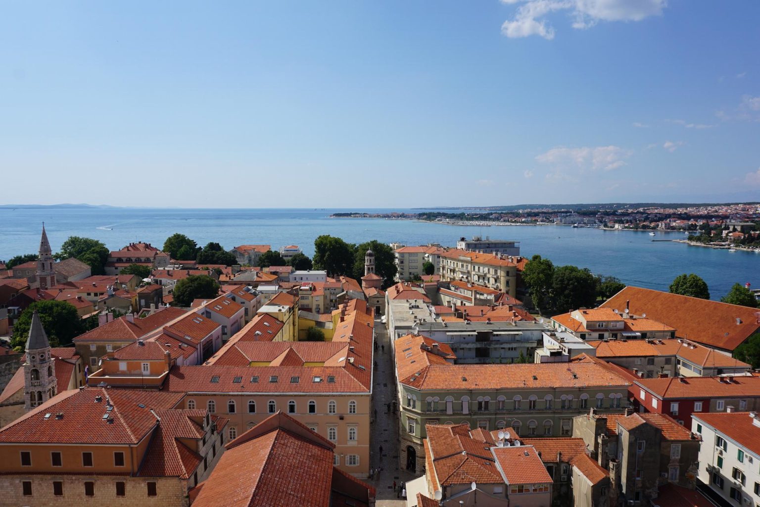 Aerial view on the rooftops and blue sea in the distance.